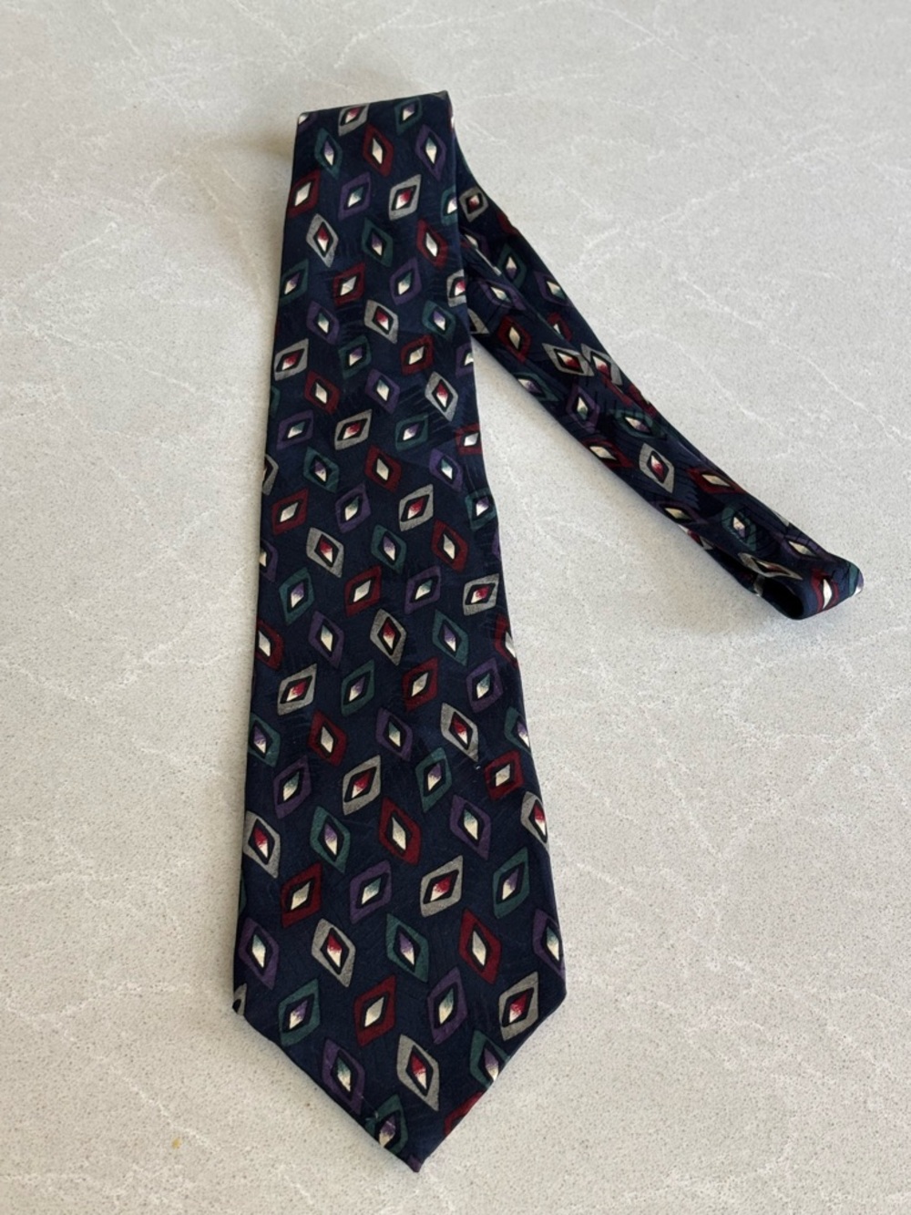 Charter Collection Men's Navy Geometric Silk Tie - Multicolor Diamond Pattern